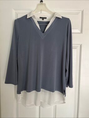 Adrianna Papell Slate Blue V-Neck Pullover Tunic with White Collar